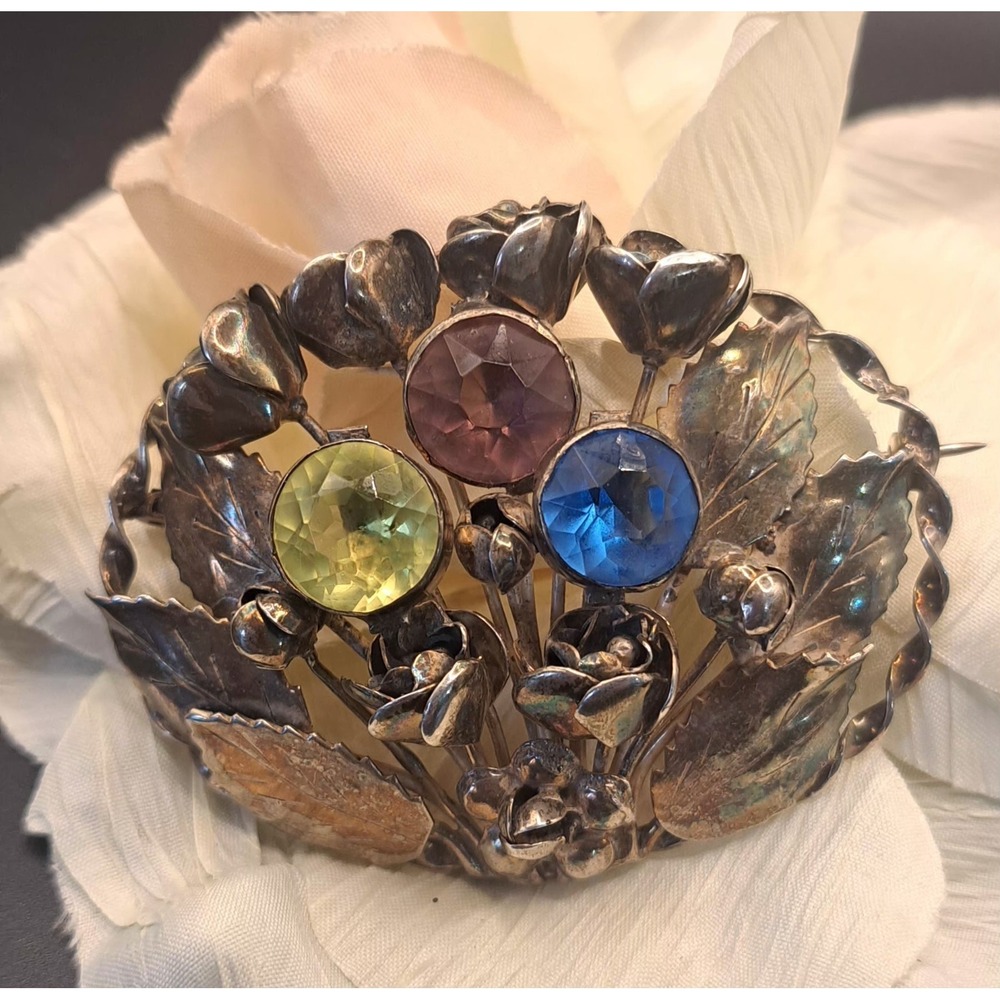 Stunning Vintage Sterling Rhinestone Floral Brooch Unsigned